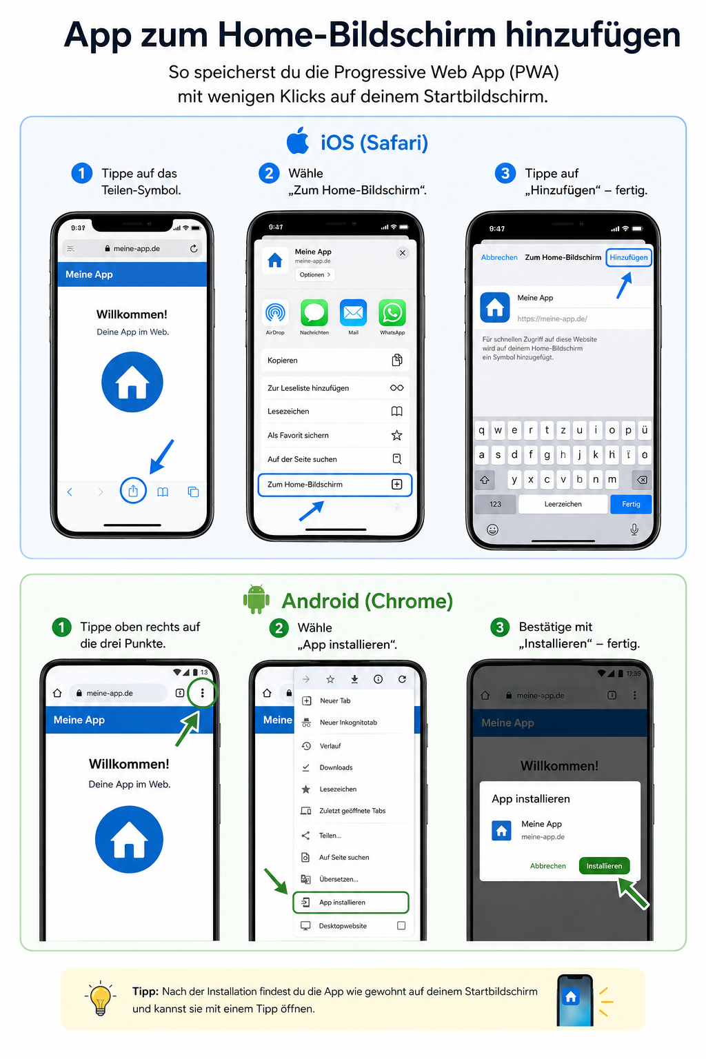 Anleitung zum Hinzufügen der App zum Home-Bildschirm